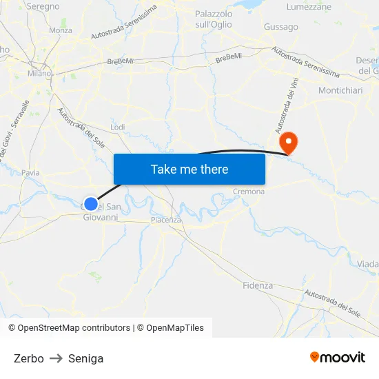 Zerbo to Seniga map