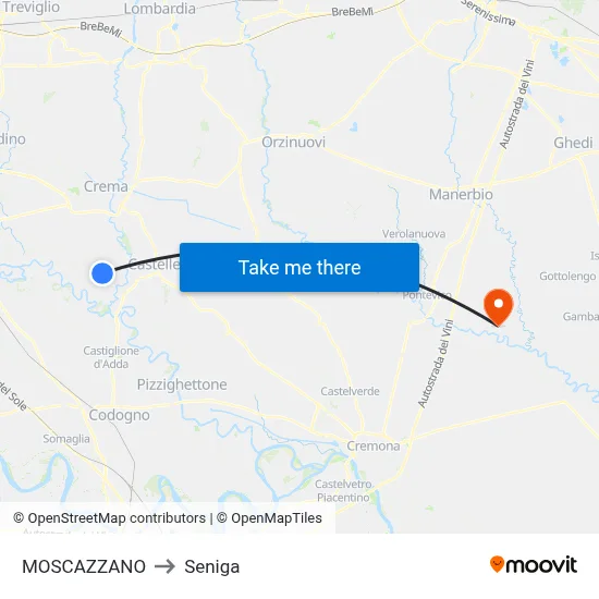 Moscazzano to Seniga map