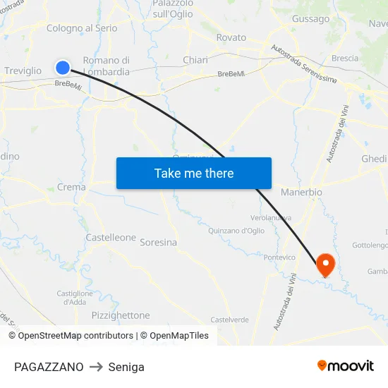 Pagazzano to Seniga map