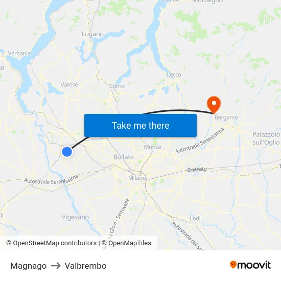 Magnago to Valbrembo map