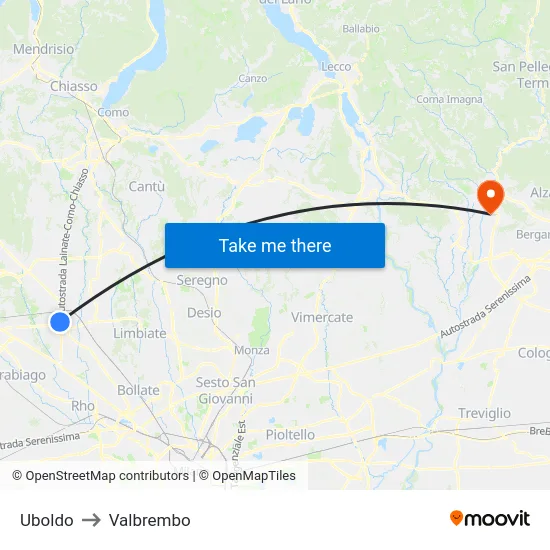 Uboldo to Valbrembo map