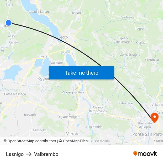Lasnigo to Valbrembo map