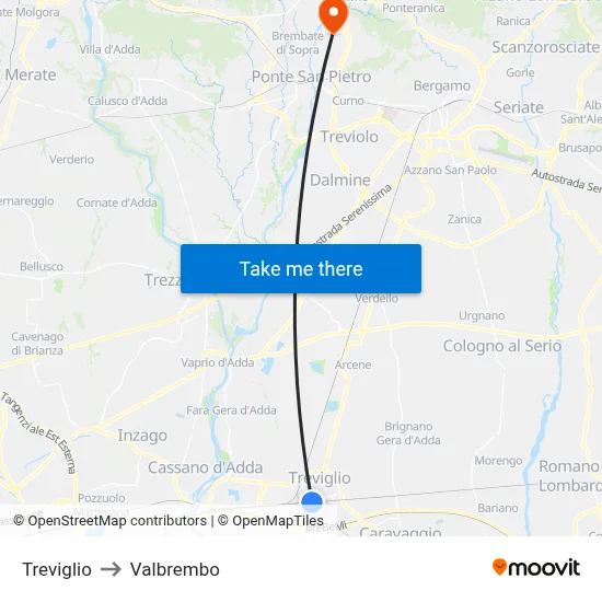Treviglio to Valbrembo map