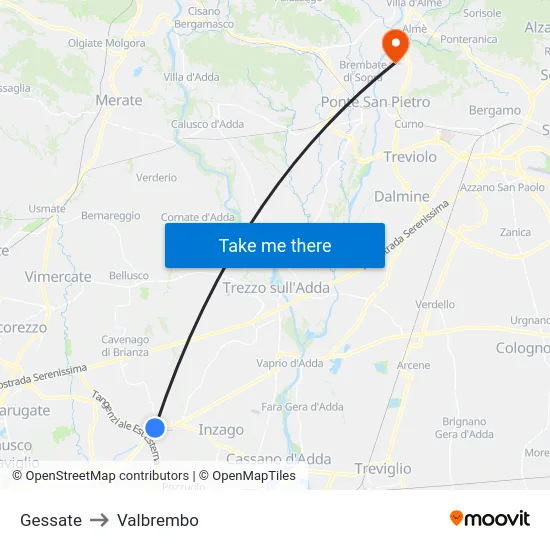 Gessate to Valbrembo map