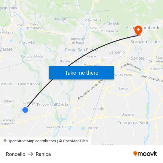 Roncello to Ranica map