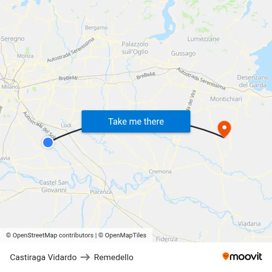 Castiraga Vidardo to Remedello map