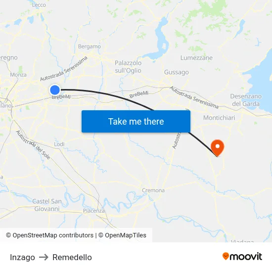 Inzago to Remedello map