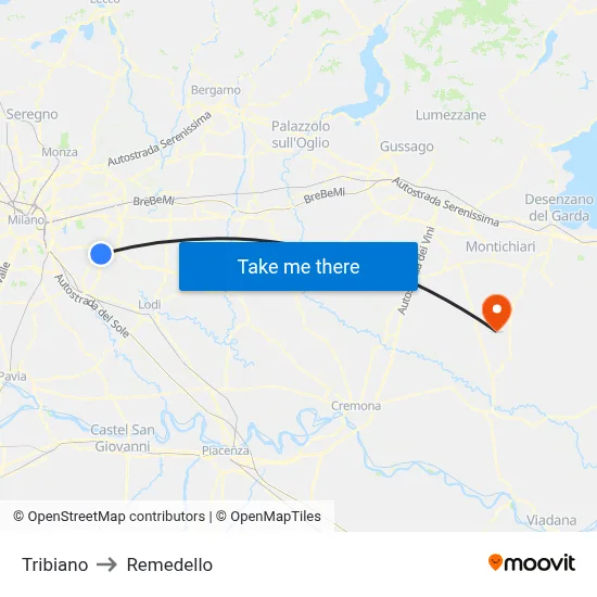 Tribiano to Remedello map