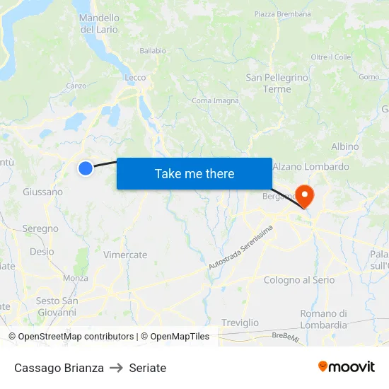 Cassago Brianza to Seriate map