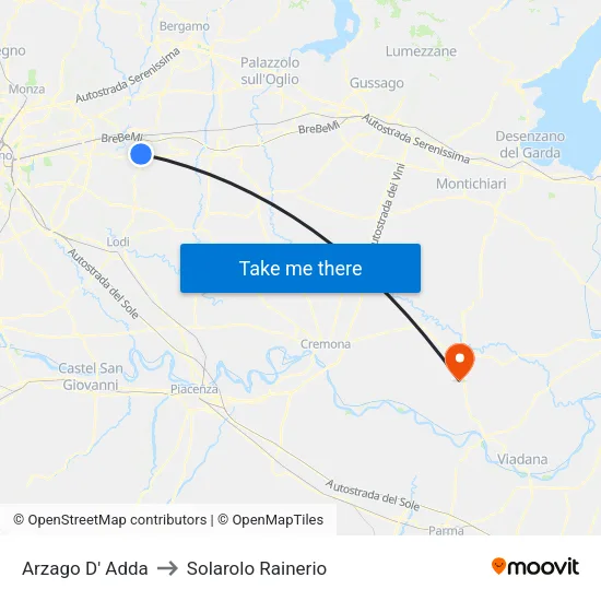 Arzago d'Adda to Solarolo Rainerio map
