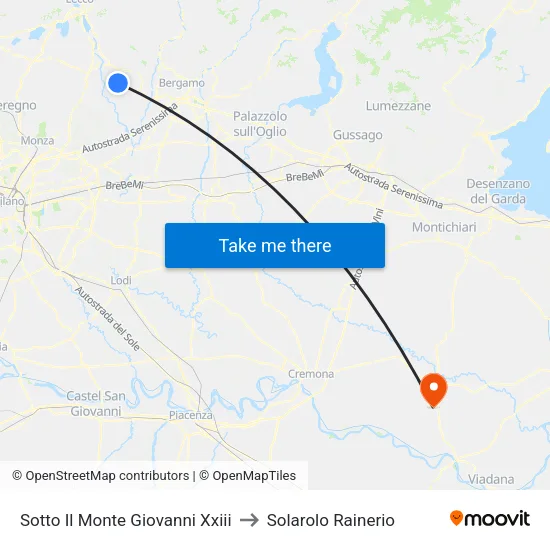Sotto Il Monte Giovanni Xxiii to Solarolo Rainerio map