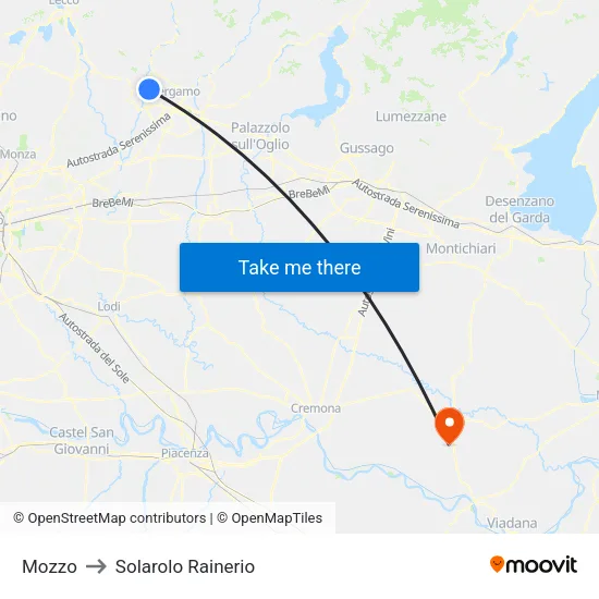 Mozzo to Solarolo Rainerio map