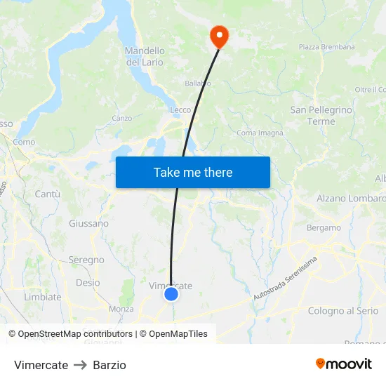 Vimercate to Barzio map