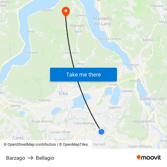 Barzago to Bellagio map