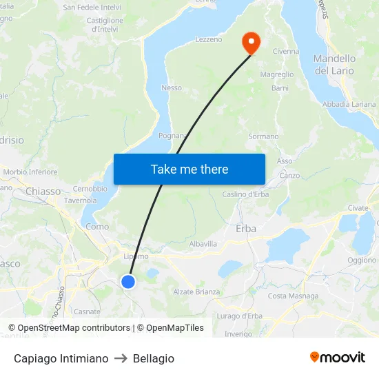 Capiago Intimiano to Bellagio map