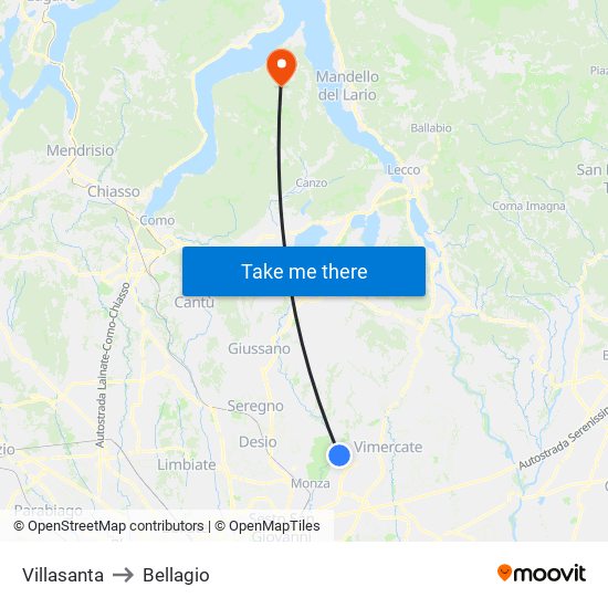 Villasanta to Bellagio map