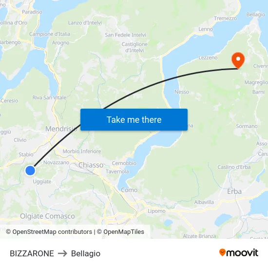 Bizzarone to Bellagio map