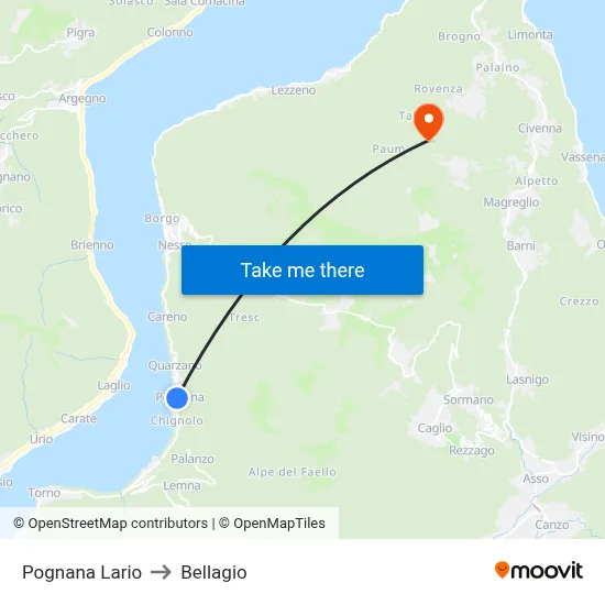 Pognana Lario to Bellagio map