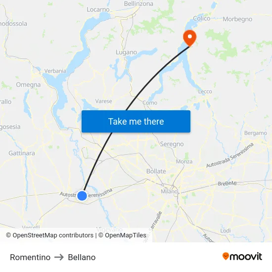 Romentino to Bellano map