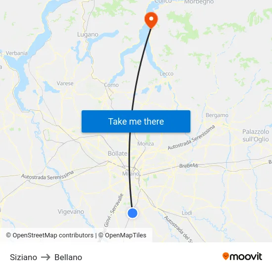 Siziano to Bellano map