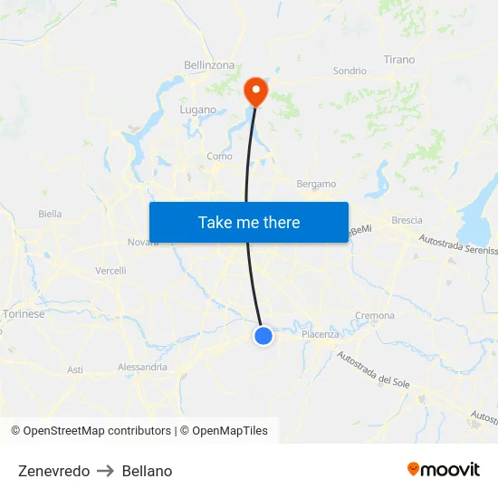 Zenevredo to Bellano map