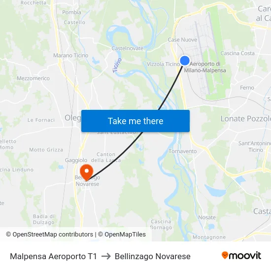 Malpensa Aeroporto T1 to Bellinzago Novarese map