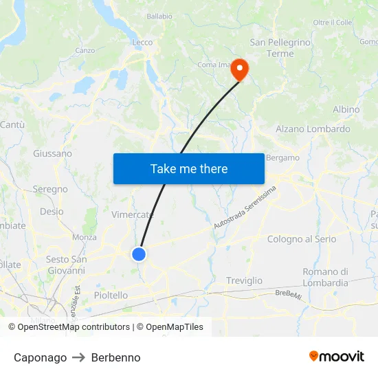 Caponago to Berbenno map