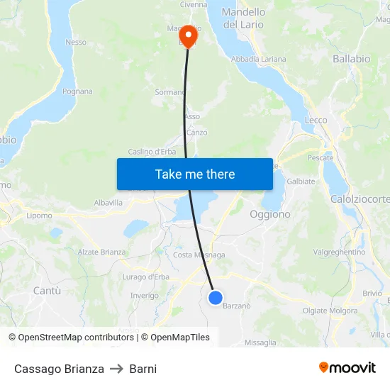 Cassago Brianza to Barni map