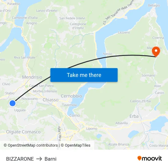 Bizzarone to Barni map