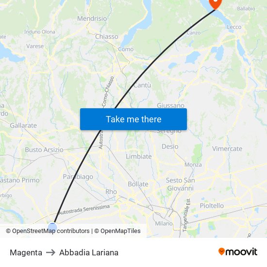 Magenta to Abbadia Lariana map