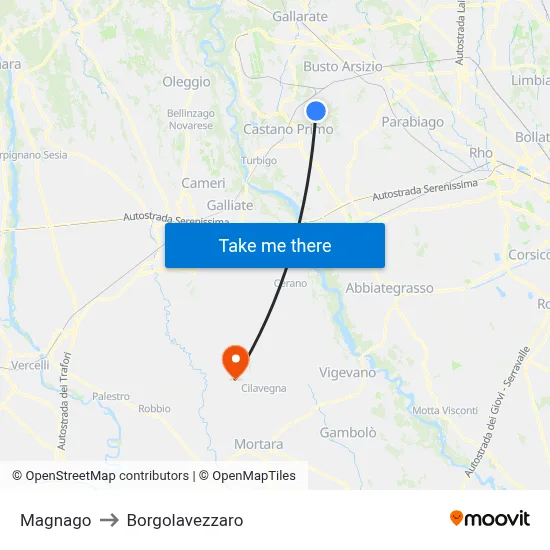 Magnago to Borgolavezzaro map