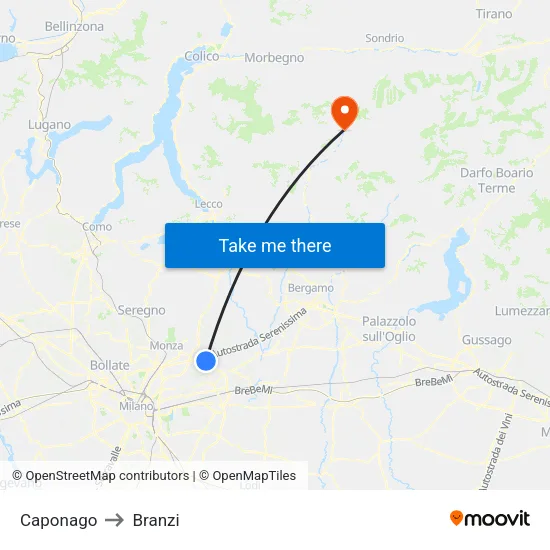 Caponago to Branzi map