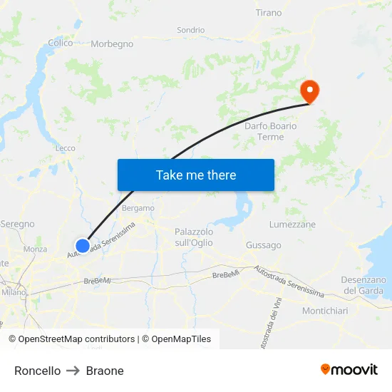 Roncello to Braone map