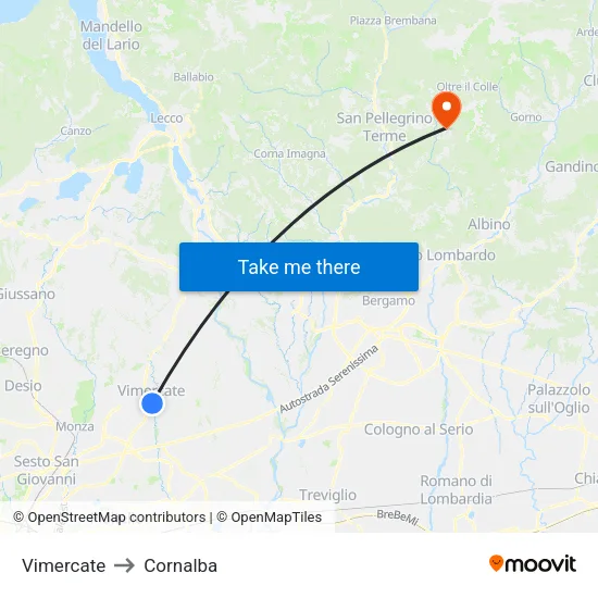 Vimercate to Cornalba map