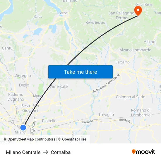 Milan Central to Cornalba map