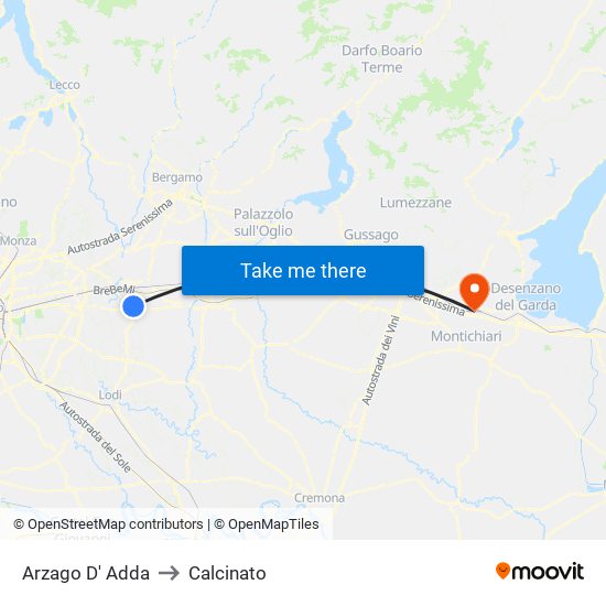 Arzago D' Adda to Calcinato map