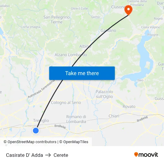 Casirate d'Adda to Cerete map