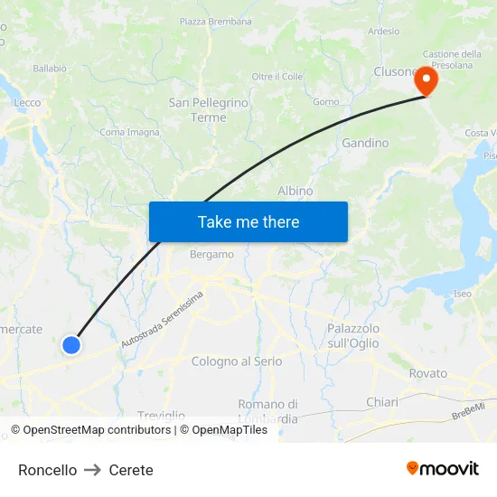 Roncello to Cerete map