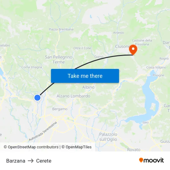 Barzana to Cerete map