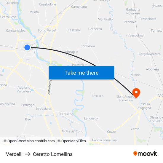 Vercelli to Ceretto Lomellina map