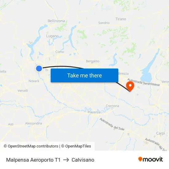 Malpensa Aeroporto T1 to Calvisano map