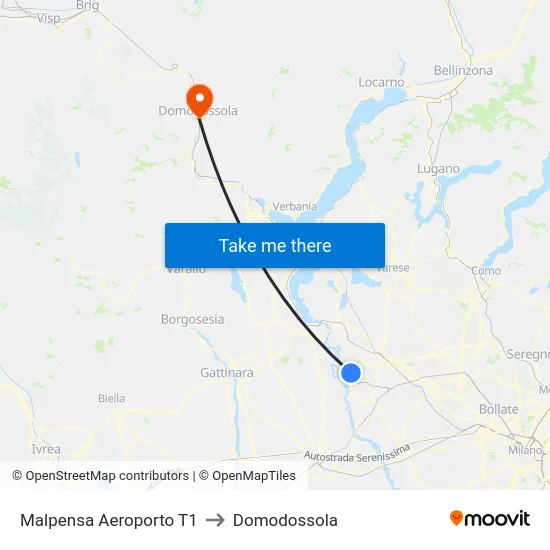 Malpensa Aeroporto T1 to Domodossola map