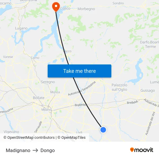 Madignano to Dongo map