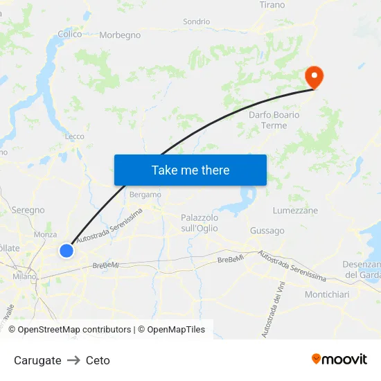 Carugate to Ceto map