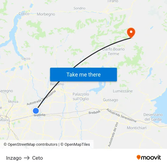 Inzago to Ceto map