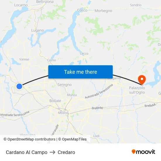 Cardano al Campo to Credaro map