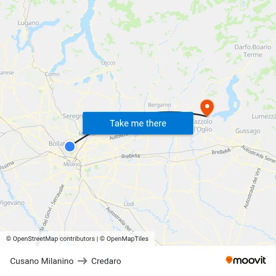Cusano Milanino to Credaro map