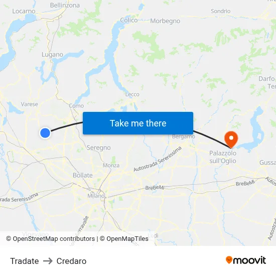 Tradate to Credaro map