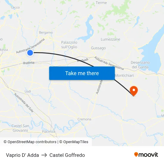 Vaprio D' Adda to Castel Goffredo map