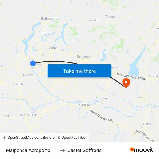 Malpensa Aeroporto T1 to Castel Goffredo map